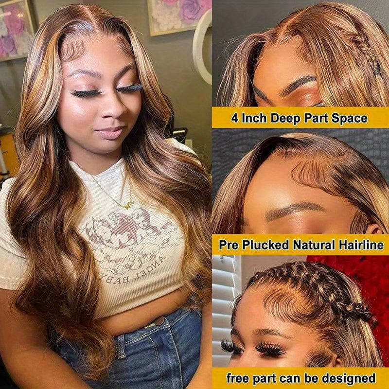 13x4 HD Transparent Lace Front Wig Brazilian Human Hair 4/27 Highlights Body Wave Curls 200% Density Glueless Wig for Women - Suitable for All Ethnicities & Light Beige Tones, Versatile Hairpiece | Elegant Hairpiece | Full Lu